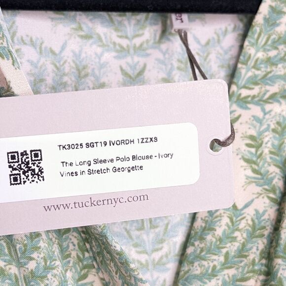 Tucker Long Sleeve Polo Blouse Ivory Vines in Stretch Georgette Silk Top Garden - Picture 4 of 7